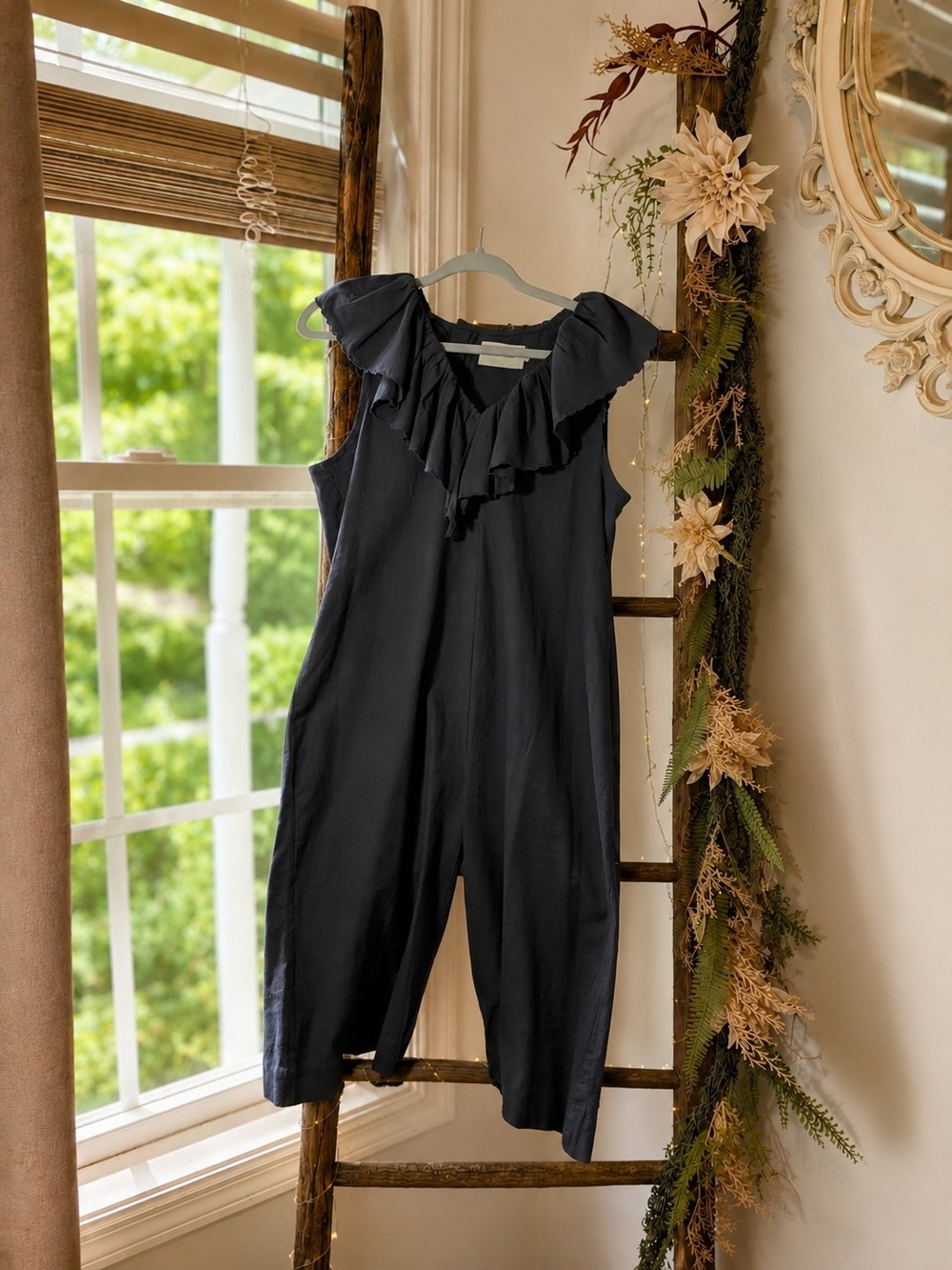 Maria Stanley Blue Ruffle Collar Sleeveless Wide Leg Cropped Jumpsuit